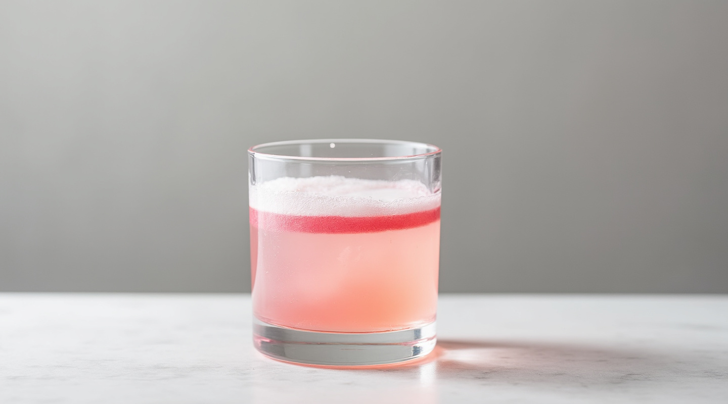A Thin Pink Line cocktail in a coupe glass with bitters forming a pink line.