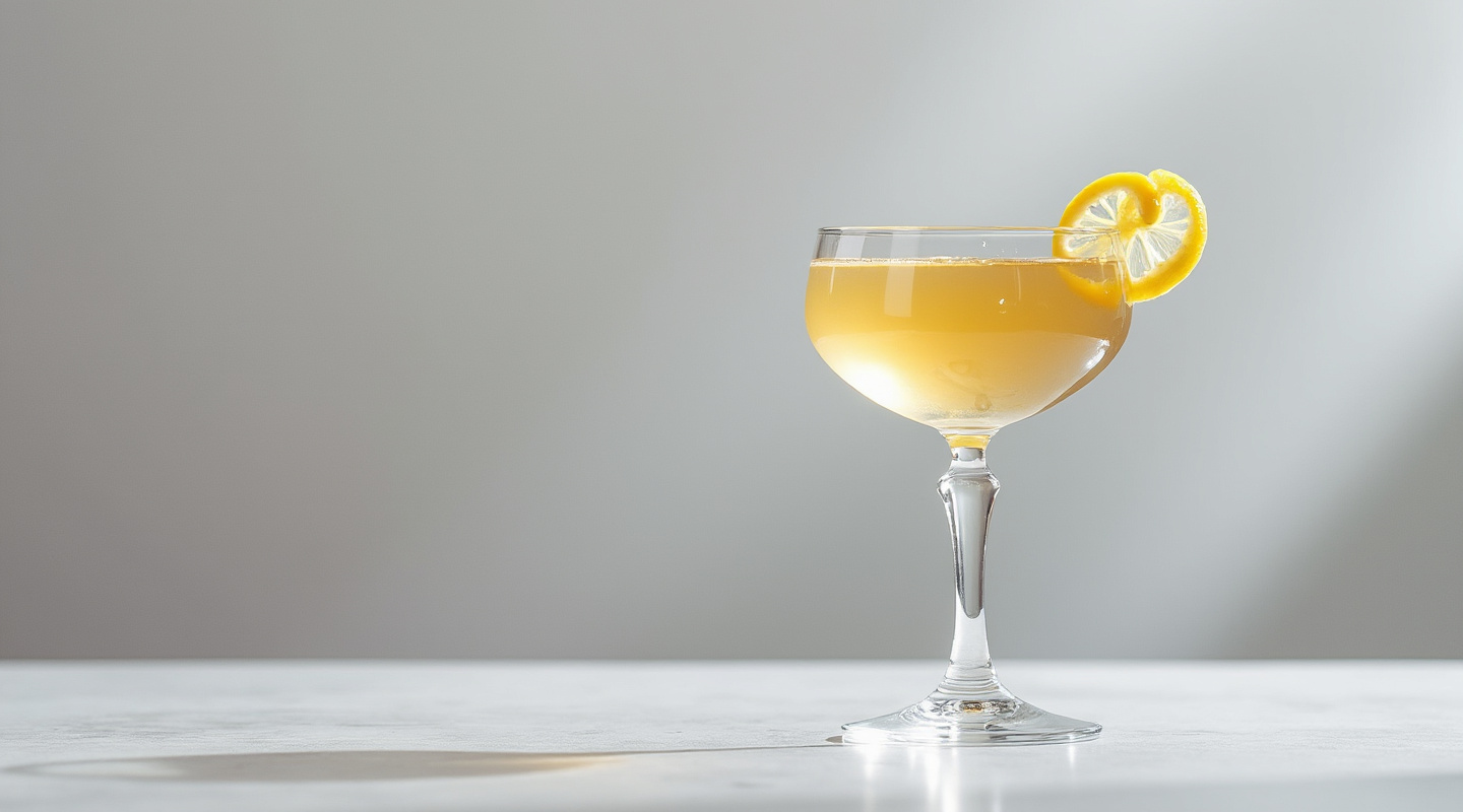 Derniere Minute cocktail in a coupe glass with lemon zest garnish