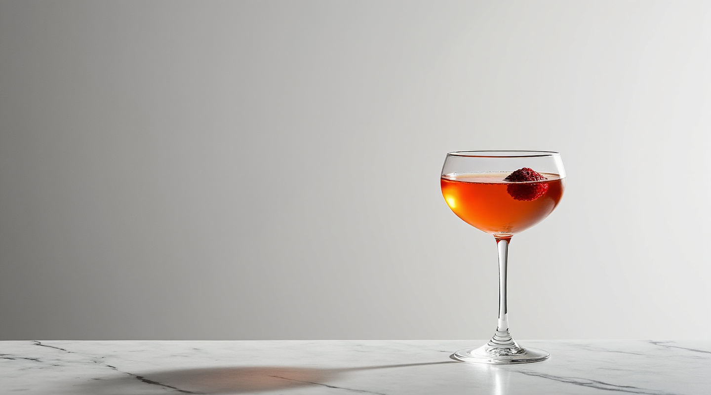 Le Roi Soleil cocktail served in a coupe glass, garnished with blackberries, raspberries, and dark chocolate, dusted with icing sugar.