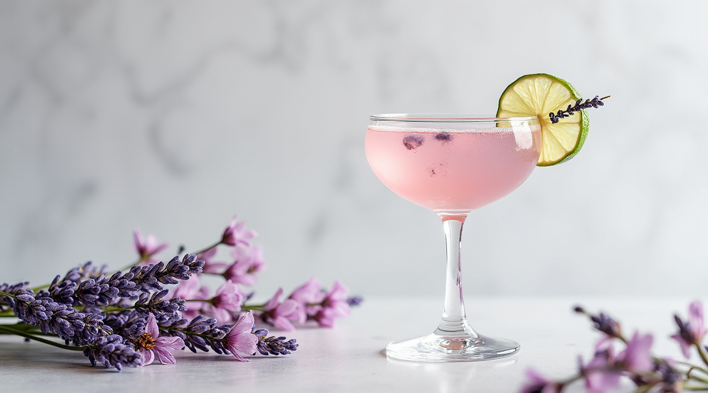 Floral Daiquiri in a coupe glass garnished with dried lavender