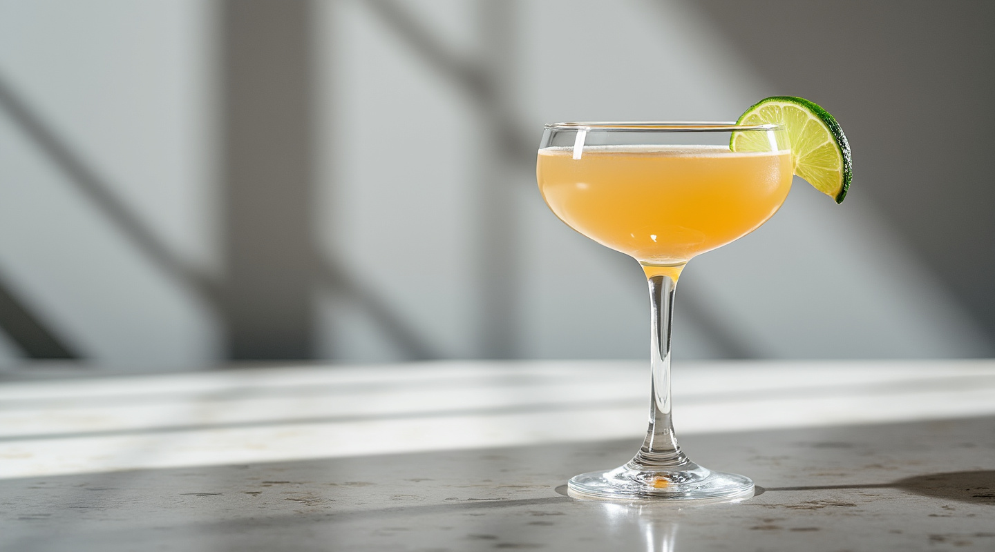 18th Century cocktail in a Coupe glass with a lime wheel floating