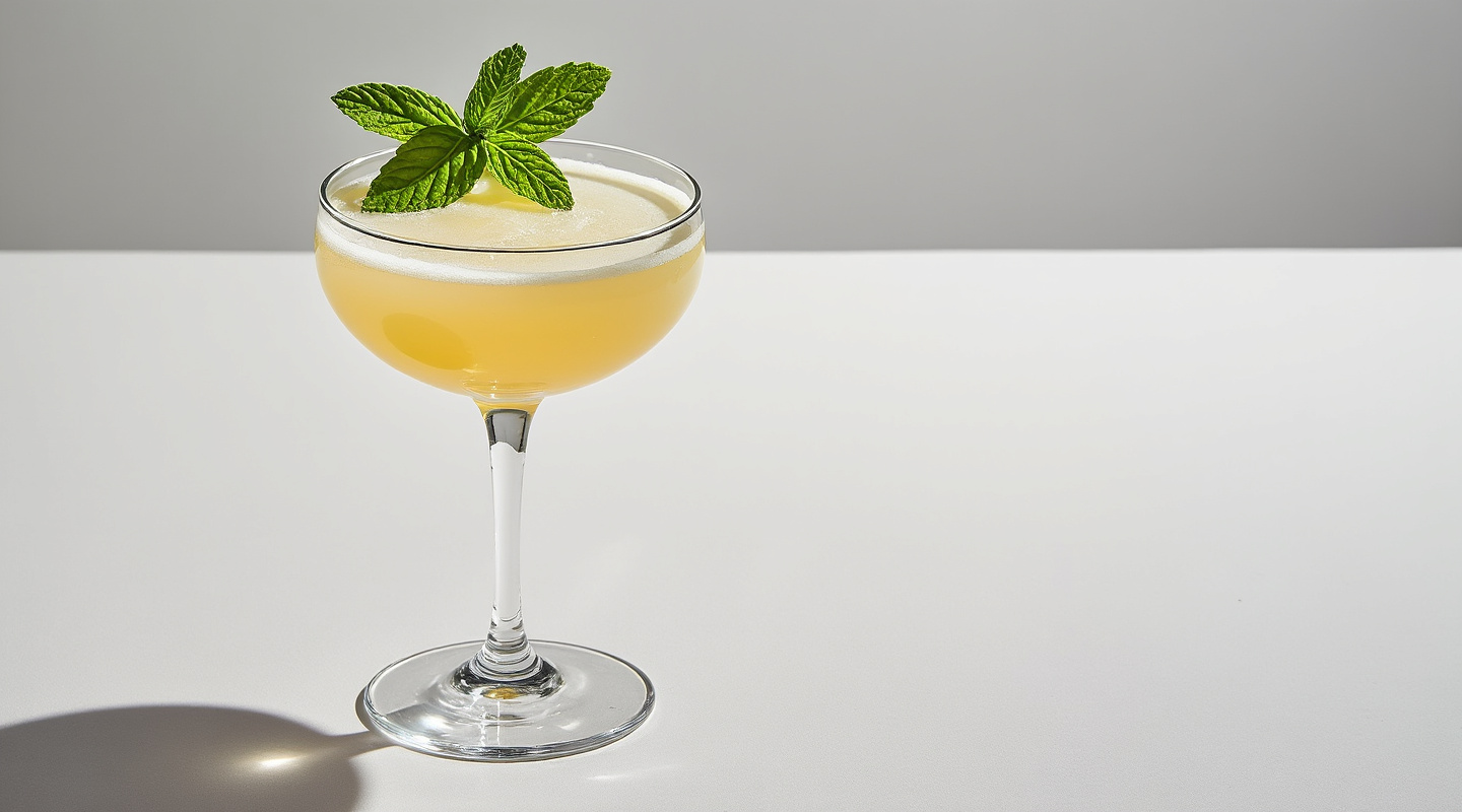 A Perfume Daiquiri served in a Coupe glass garnished with a mint sprig.