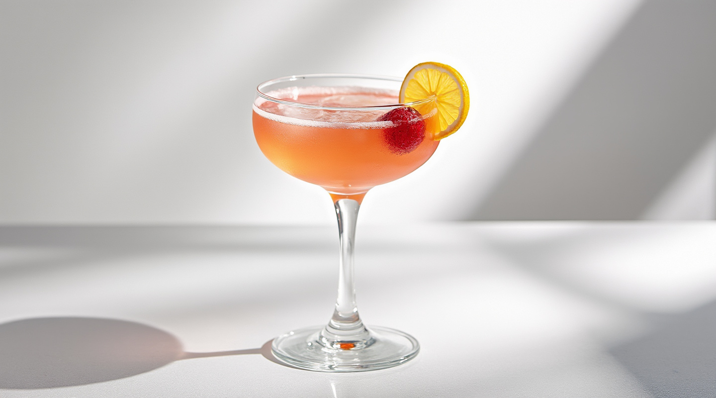 Encantador cocktail in a coupe glass garnished with fresh raspberry