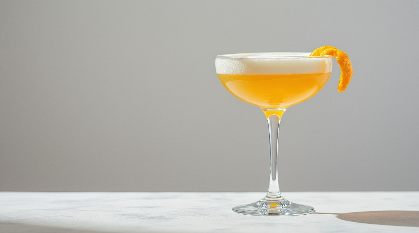 Golden Prestige cocktail in a coupe glass garnished with an orange zest twist