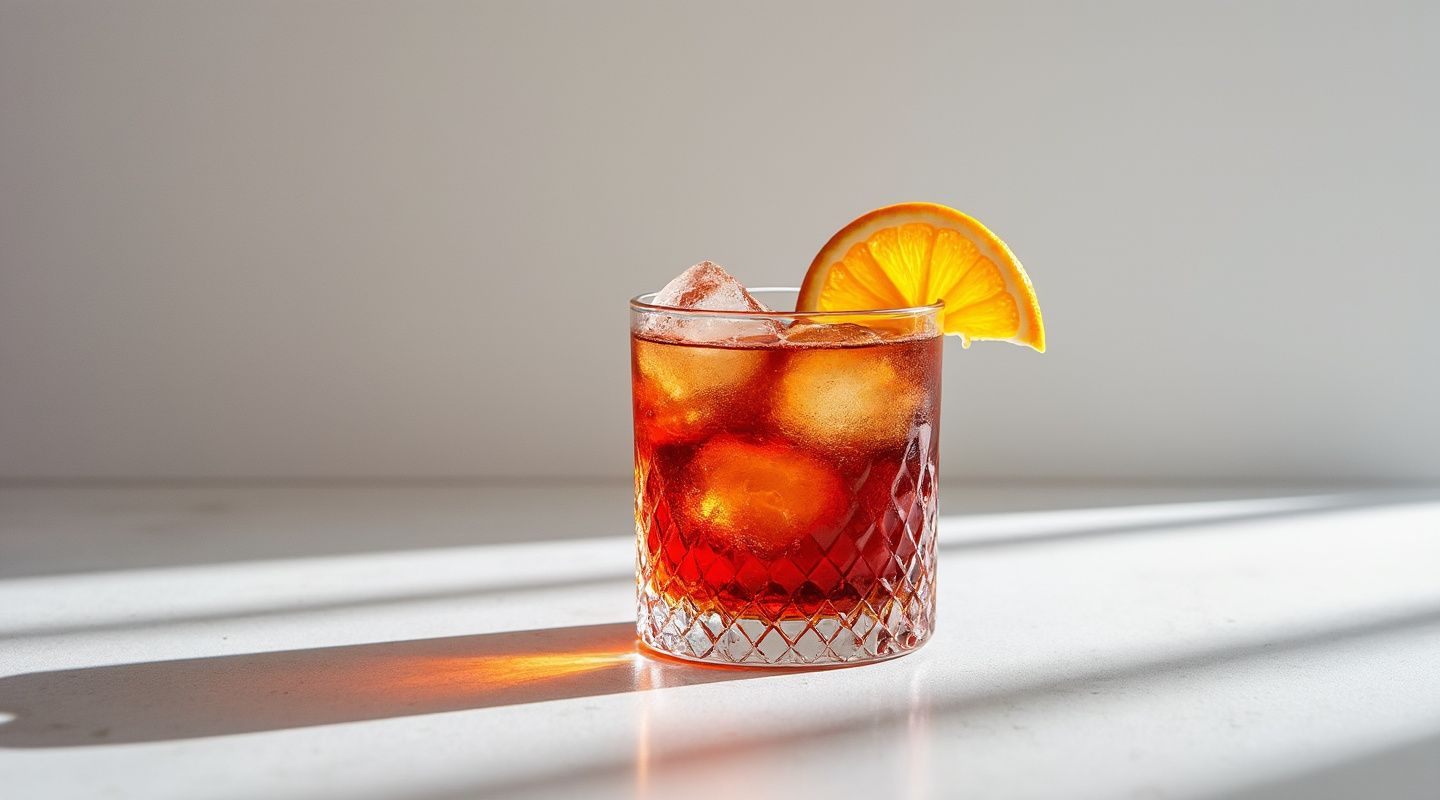 A visually striking Oaxacan Negroni garnished with an orange slice.