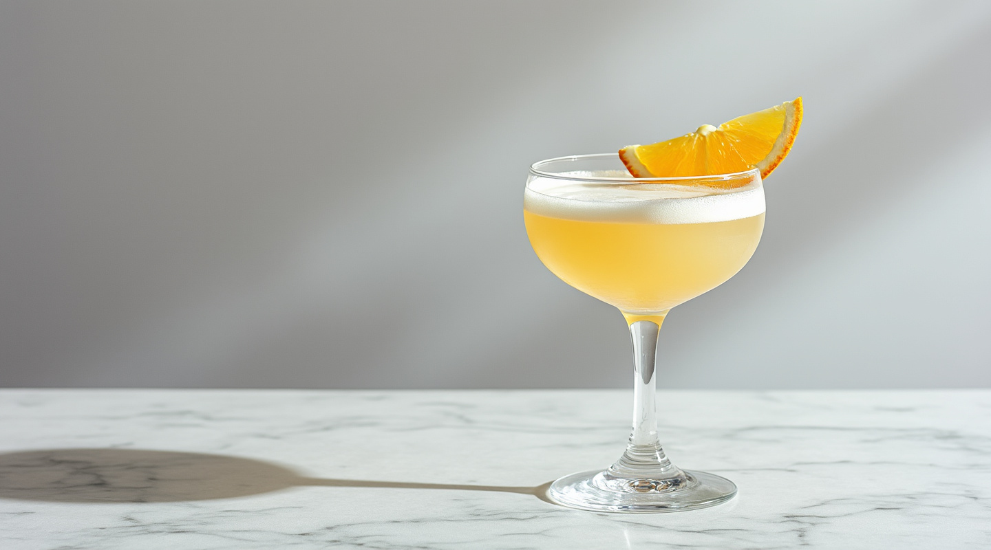 A sophisticated cocktail in a coupe glass, finished with airy orange foam.
