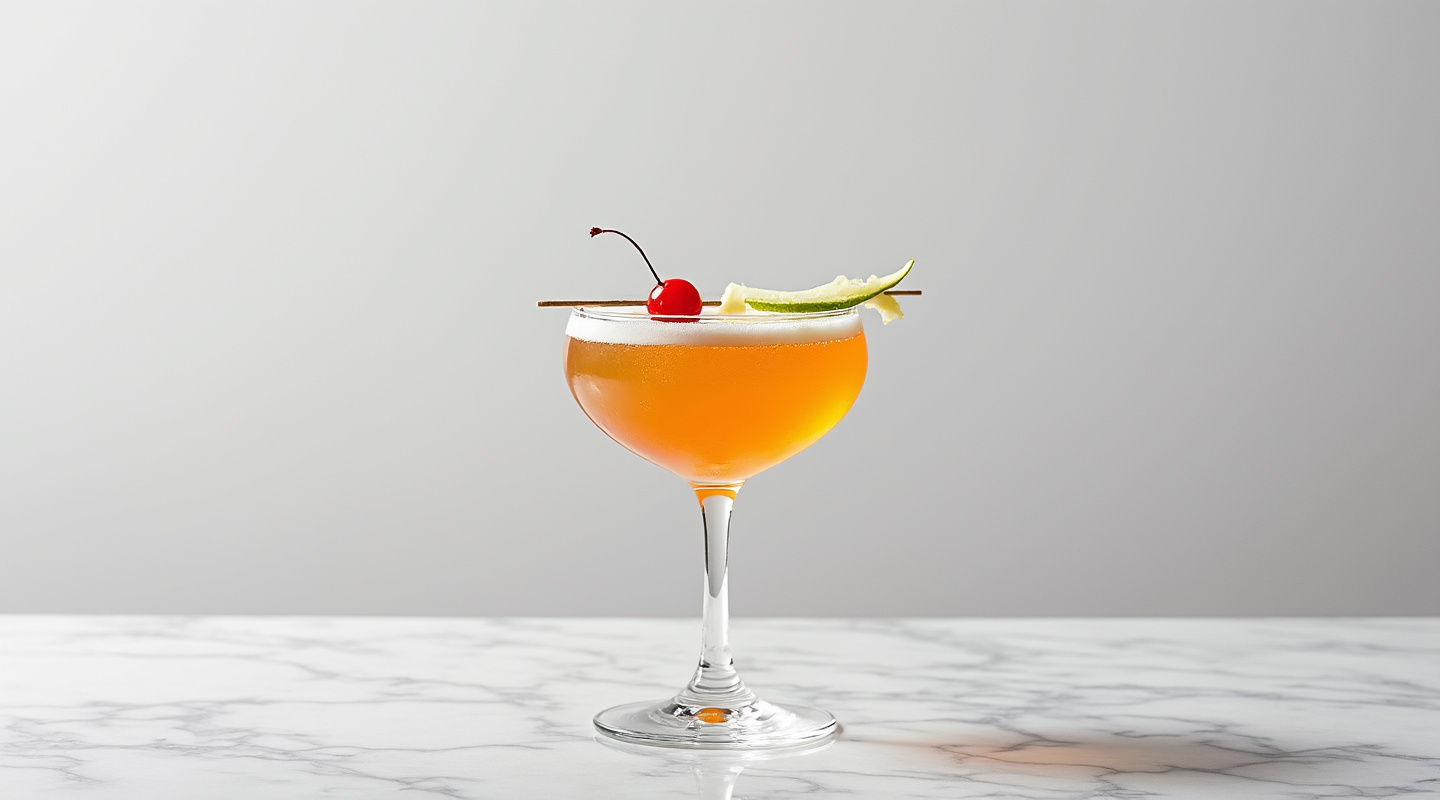 A glass filled with Last Palabra cocktail with a lime zest and cherry garnish.