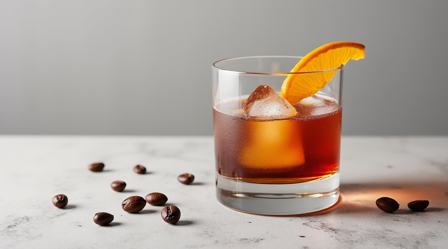 Coffee Negroni in a glass with ice and garnish