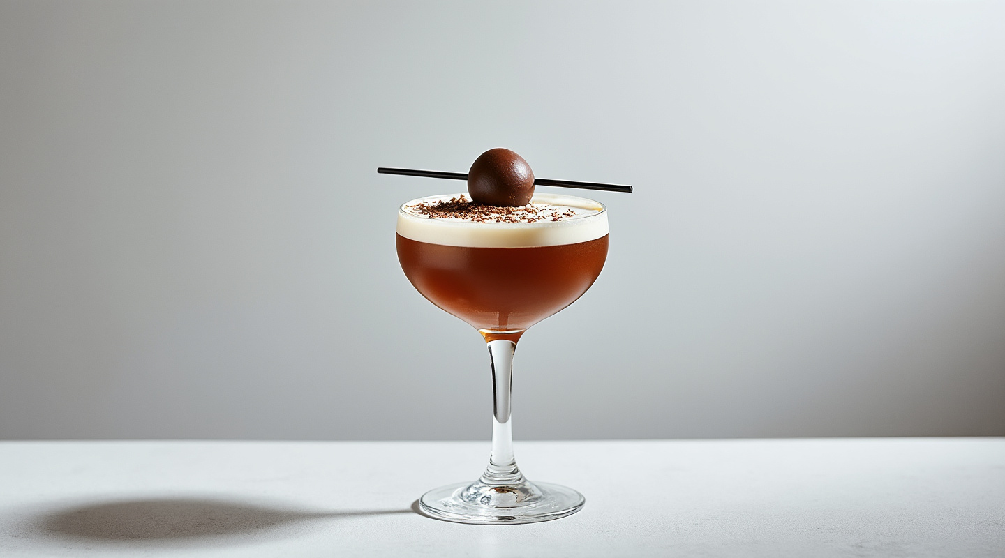 Creme Egg Cocktail served in a coupe glass with a chocolate garnish.