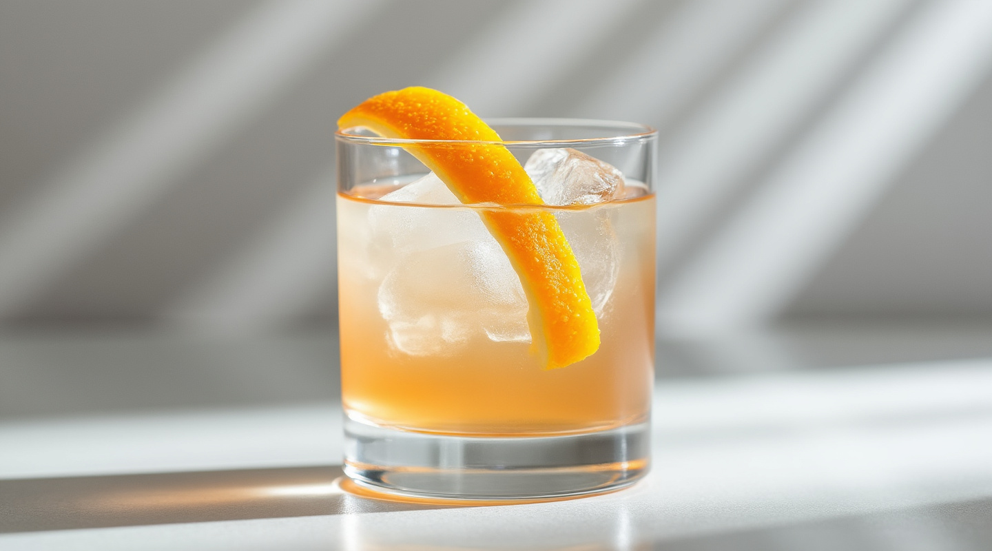 Il Viaggio cocktail in an old-fashioned glass with orange zest twist garnish