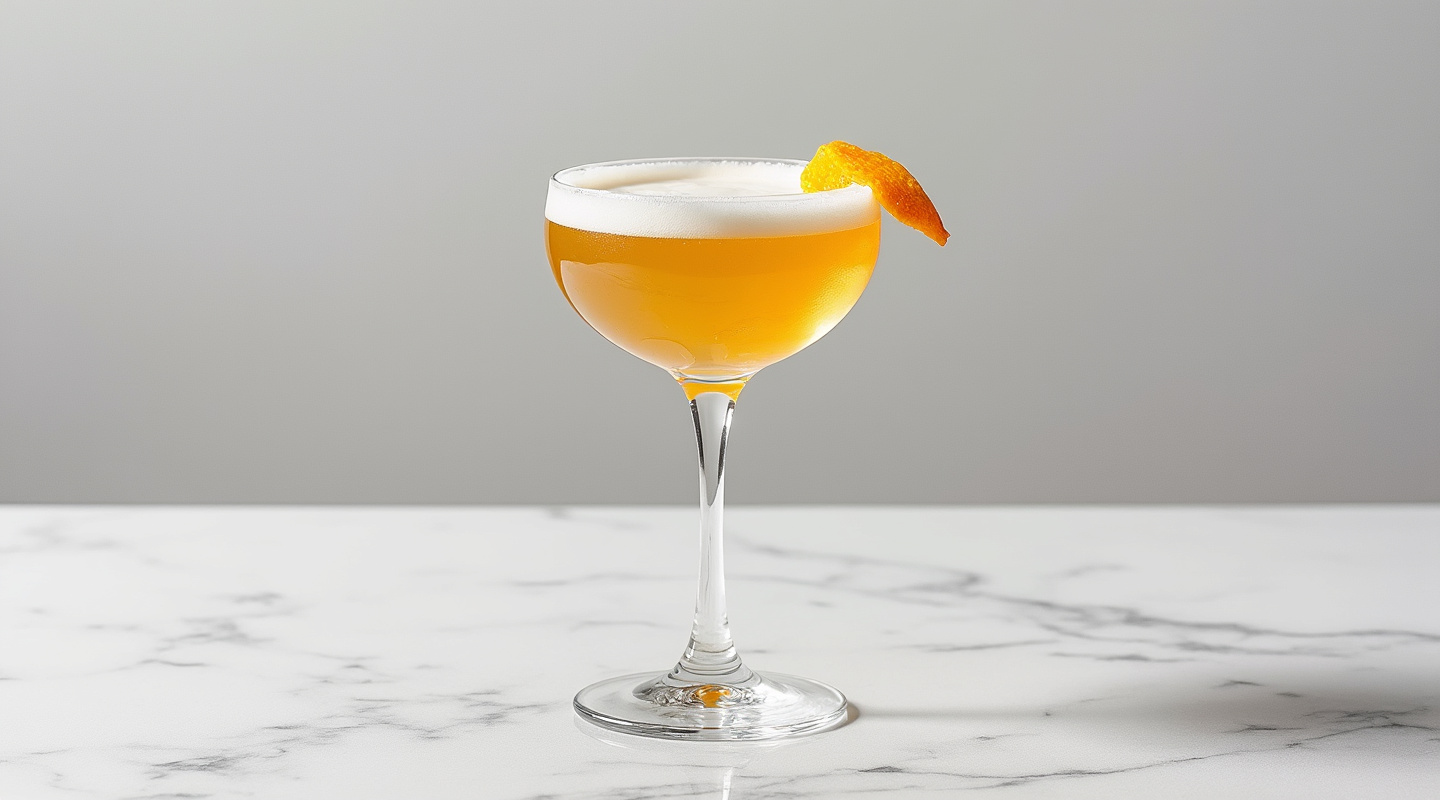 A Dutch Coupe cocktail served in a coupe glass, garnished with an orange zest twist.