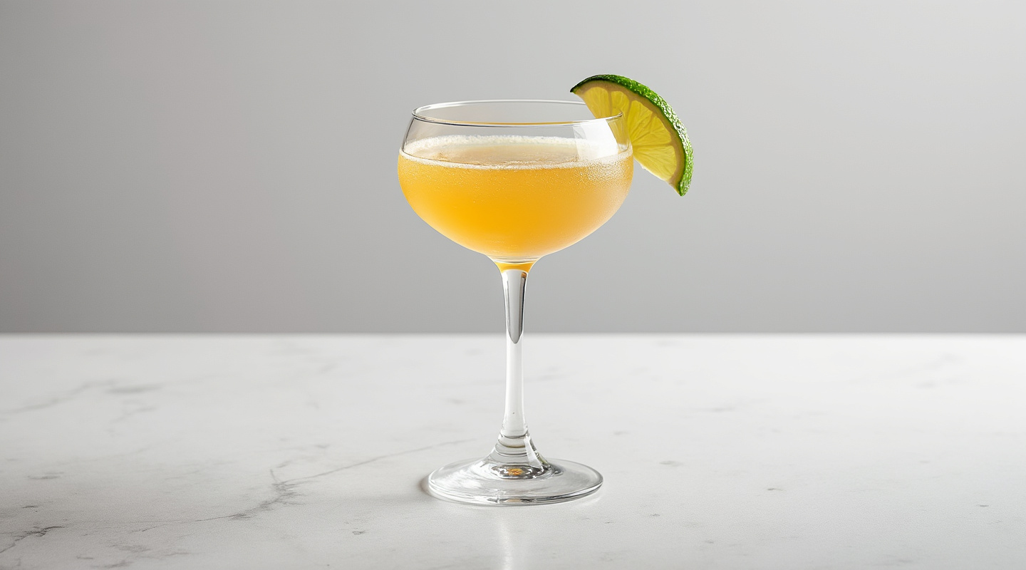 El Obsequio (The Gift) cocktail in a coupe glass wrapped with a paper