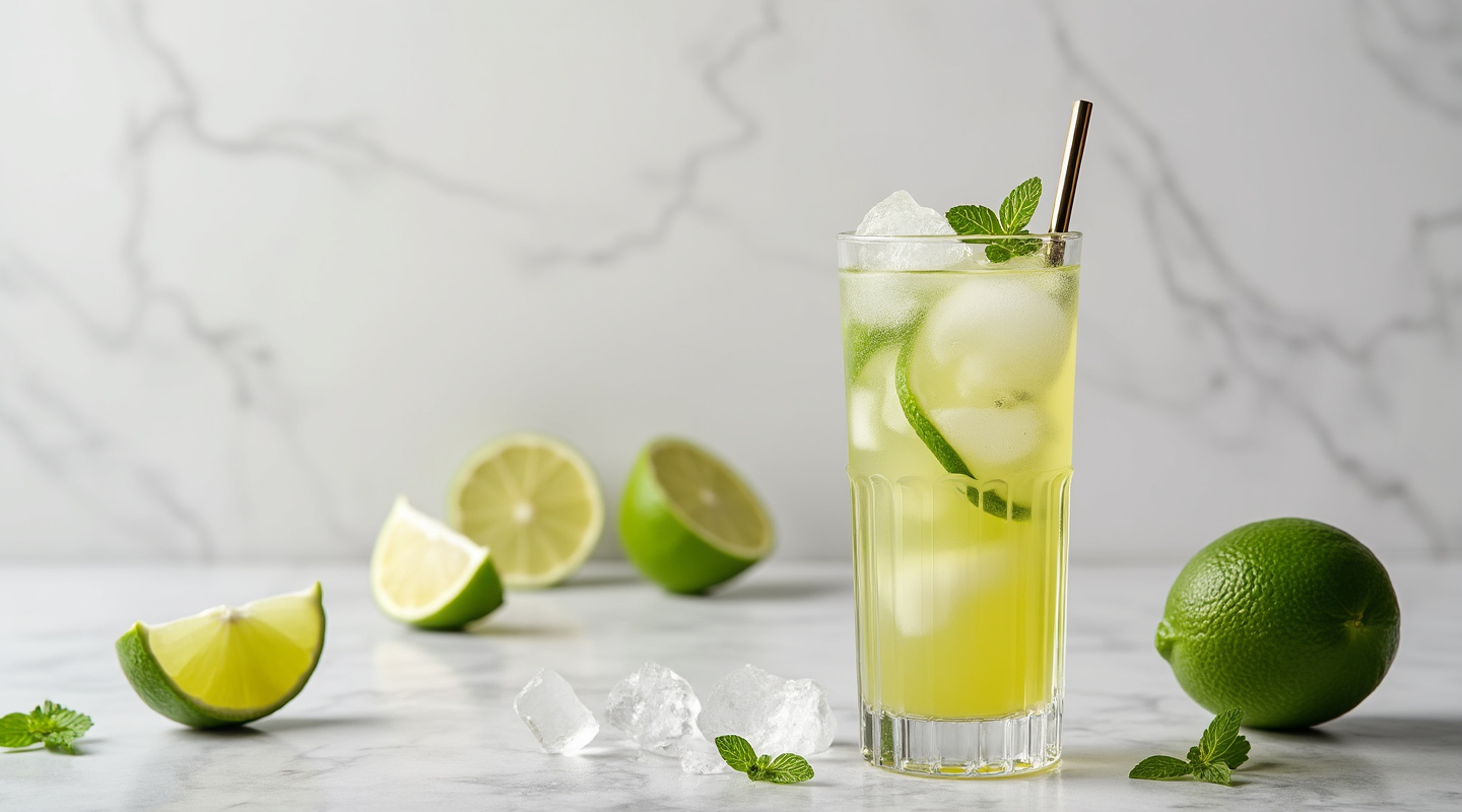 A glass of Melon Caipirinha garnished with a stirrer