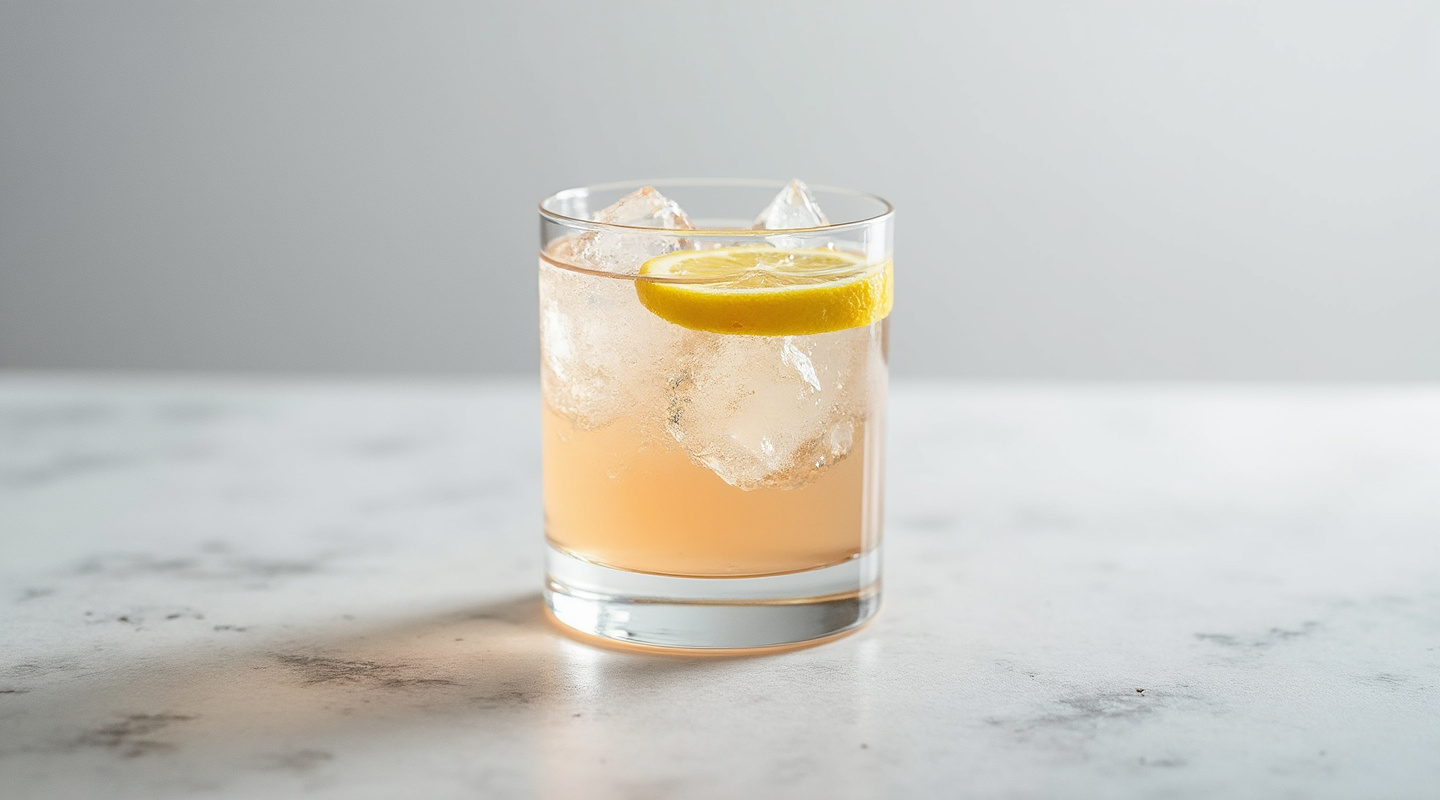 A refreshing Paisley Spritz served in an Old-fashioned glass with a lemon slice garnish.