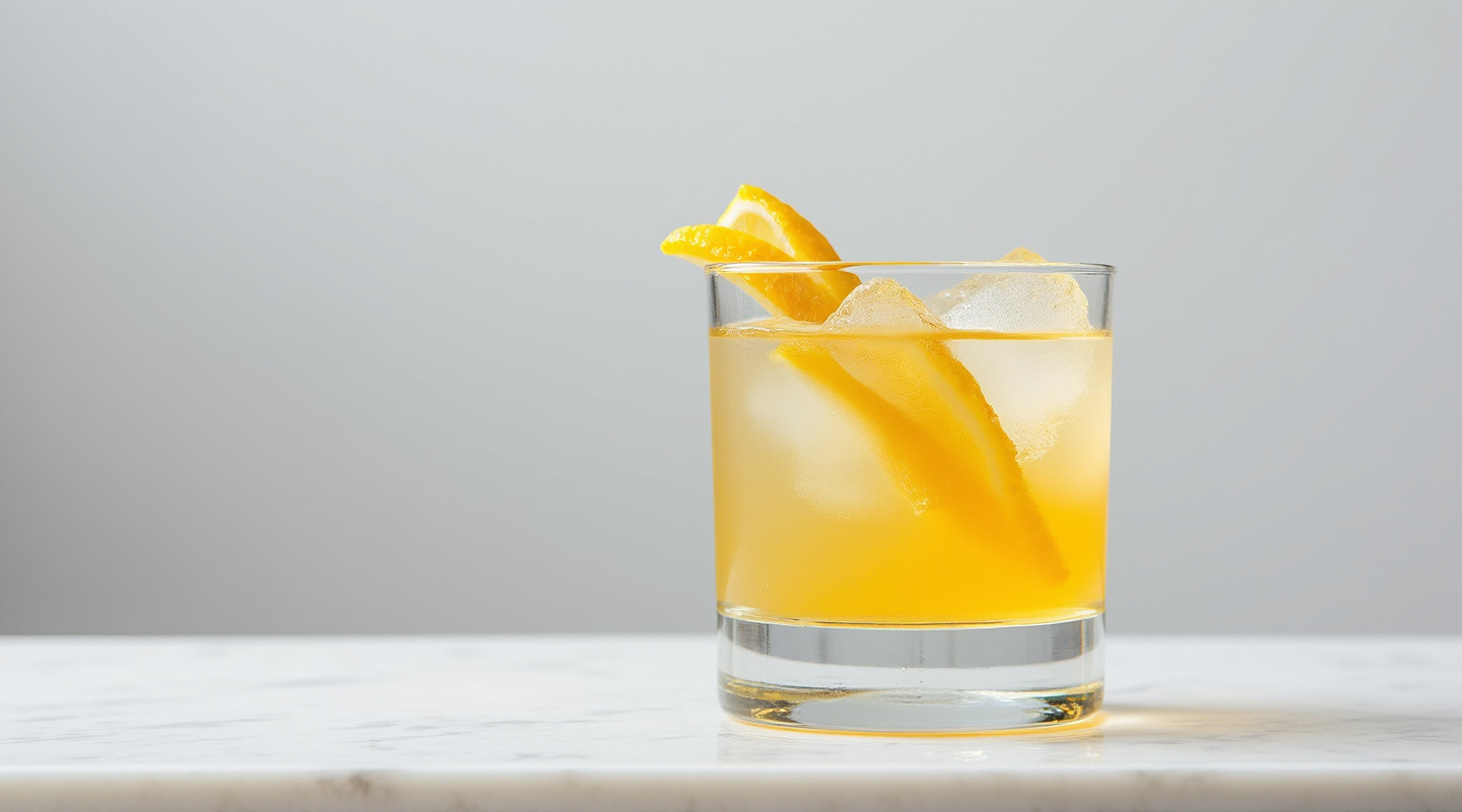 Le Sang Jaune in a glass with ice and garnished with citrus twists