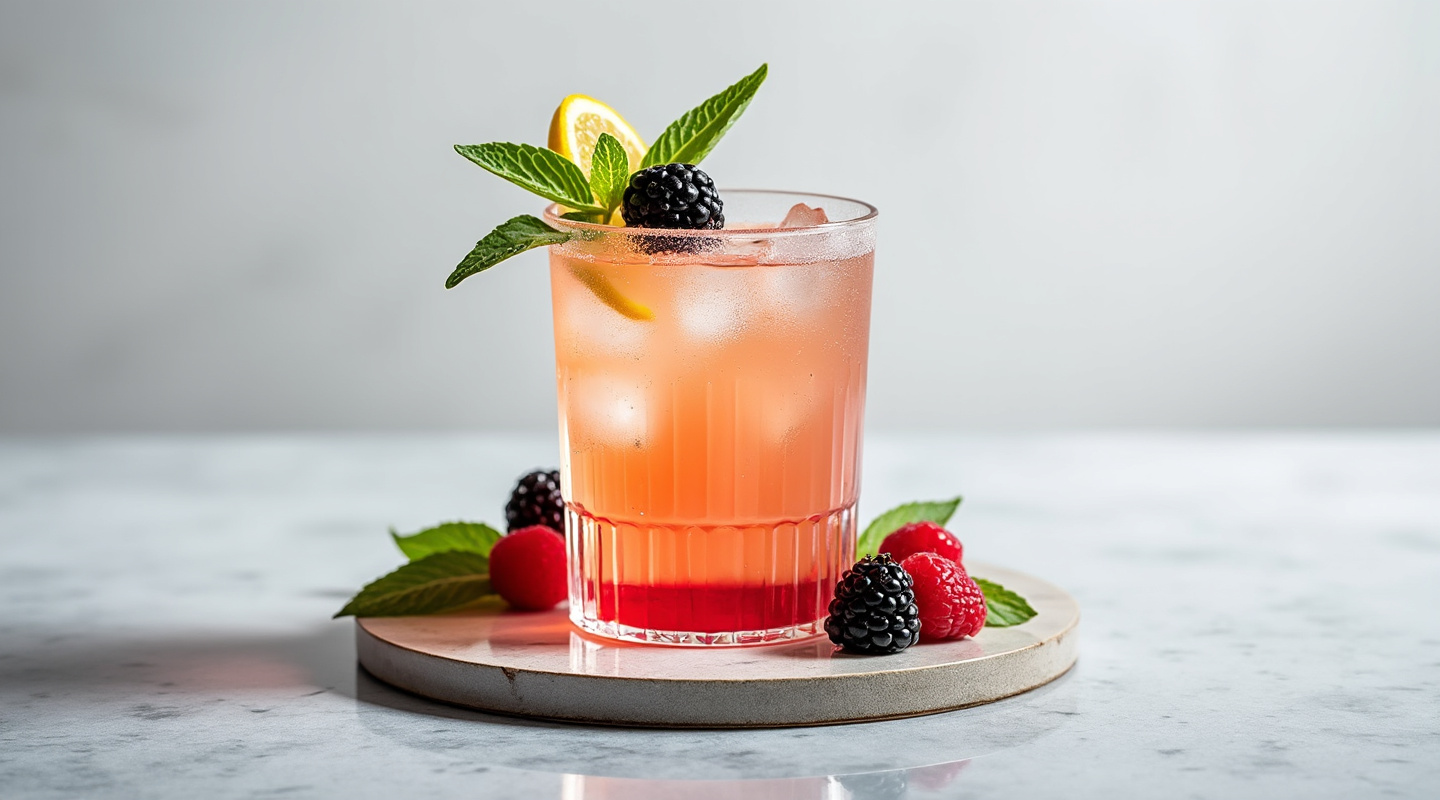 A vibrant and refreshing cocktail featuring fresh raspberries