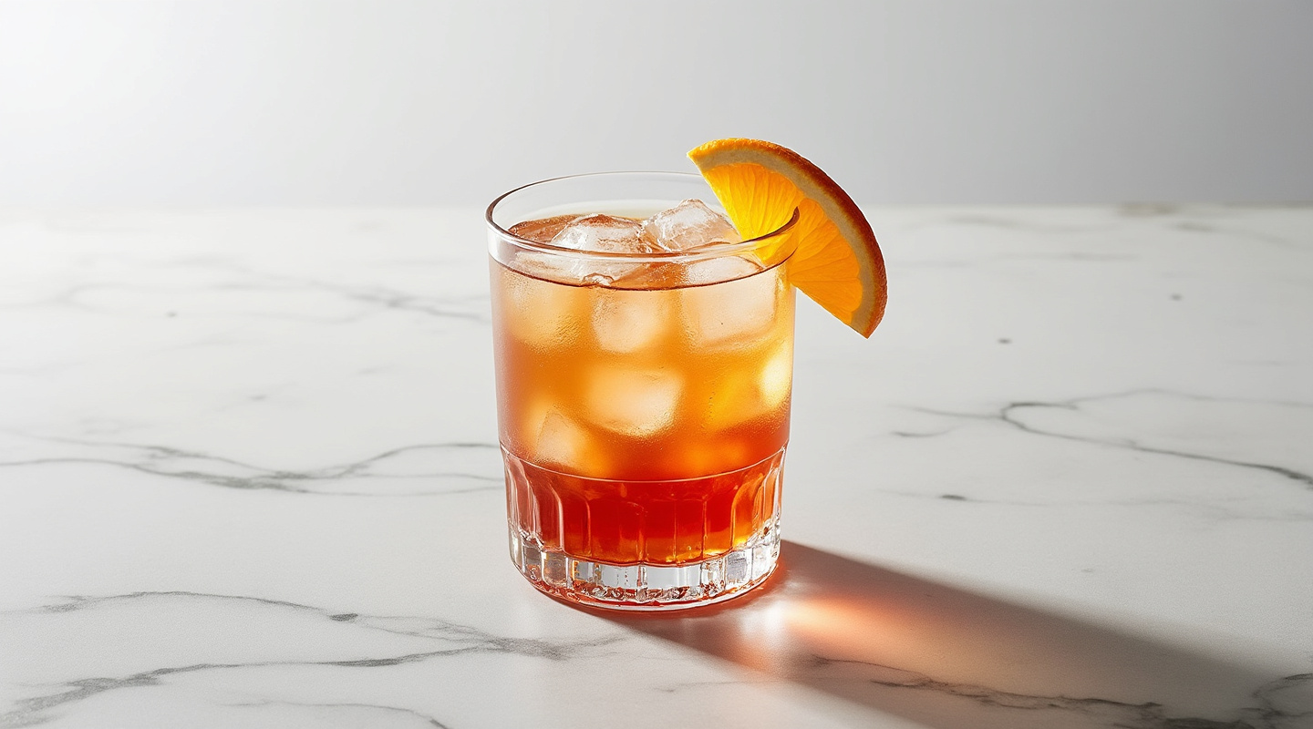 A vibrant cocktail featuring a blend of sloe gin, vodka, rum, whiskey liqueur, topped with citrusy notes of freshly squeezed orange juice and a hint of Galliano.