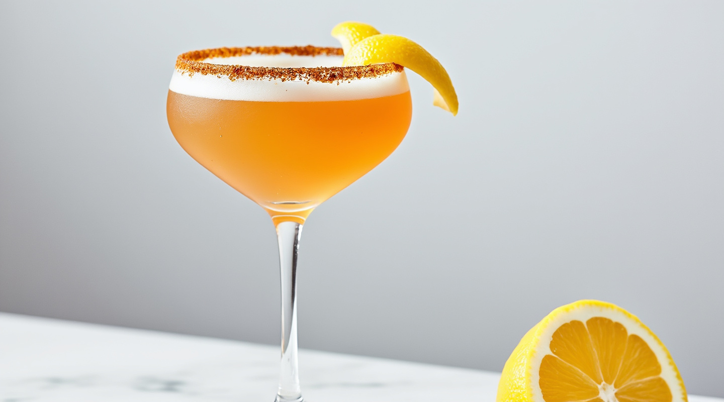 Dr. Rieux cocktail in a coupe glass with lemon zest twist and demerara sugar rim