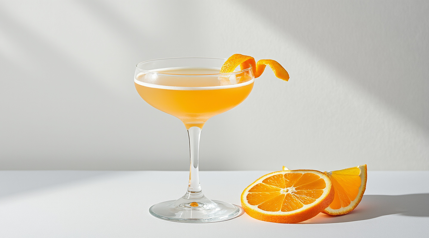 Pterodactyl Cocktail in a Coupe glass garnished with an orange twist