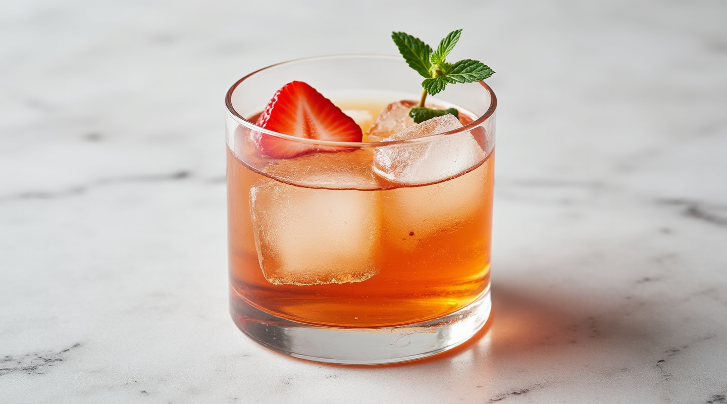 Canadian Tuxedo in an ice-filled old-fashioned glass with a strawberry garnish