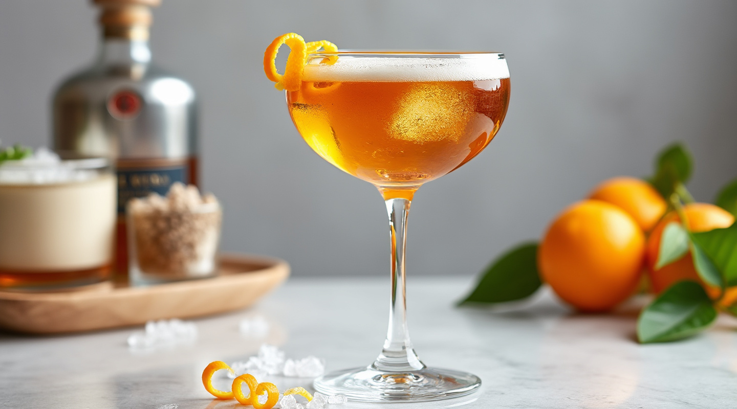 Dutch Tea Cocktail garnished with orange zest in a Nick & Nora glass