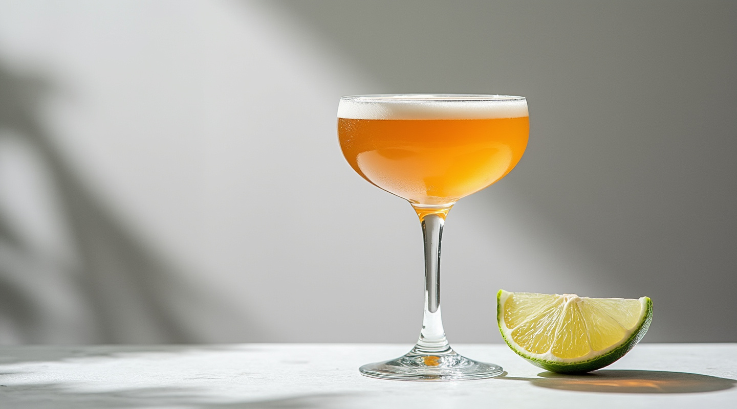 A cocktail in a coupe glass with a lime slice garnish