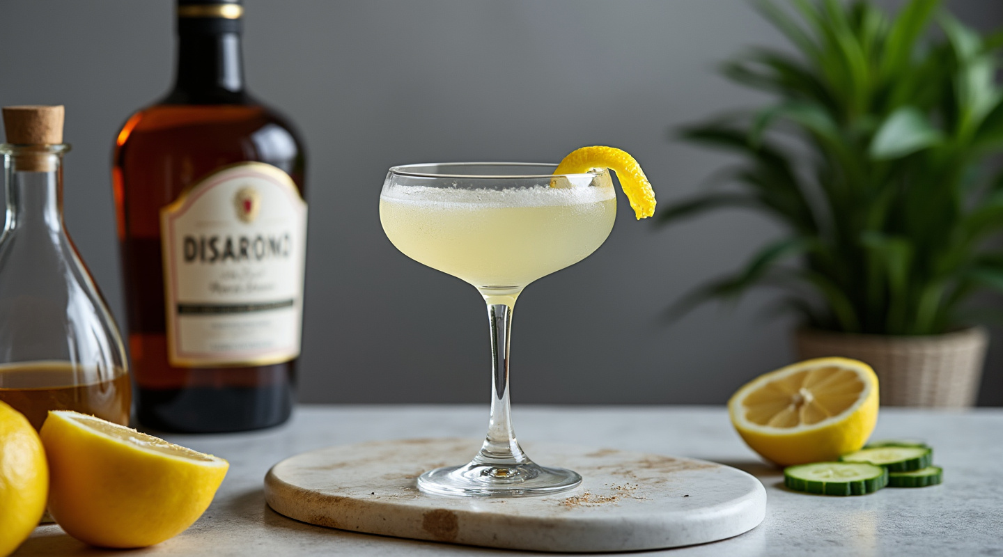 Eternal Spirit cocktail in a coupe glass garnished with a lemon zest twist