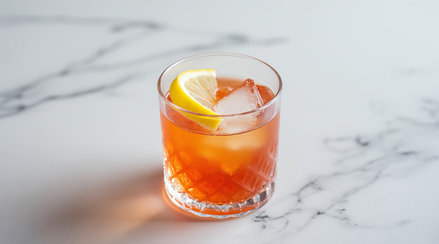 Fire & Brimstone cocktail in an old-fashioned glass garnished with a lemon zest twist