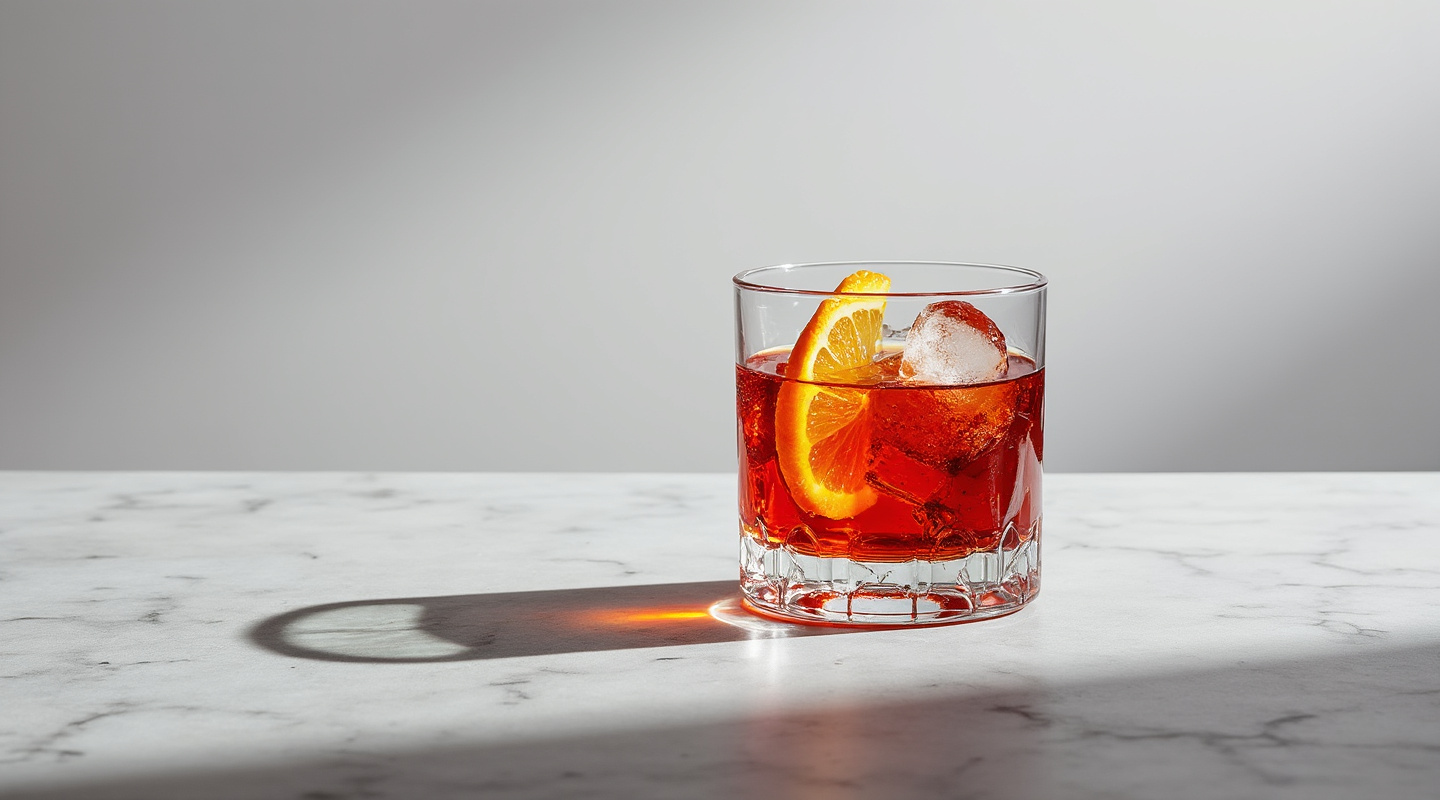 A glass of Iron Negroni cocktail with an orange zest twist garnish