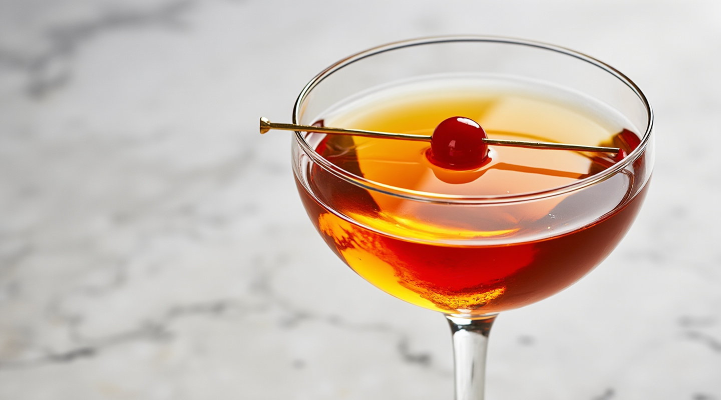 Black Rumhattan cocktail garnished with maraschino cherry.