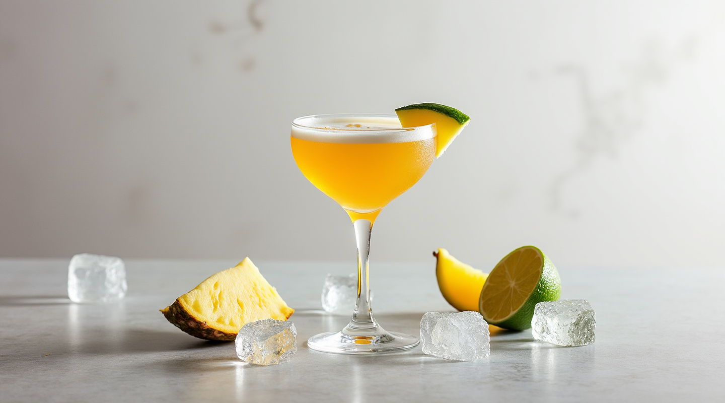 The Bermuda Triangle cocktail in an old-fashioned glass, garnished with a lime wedge