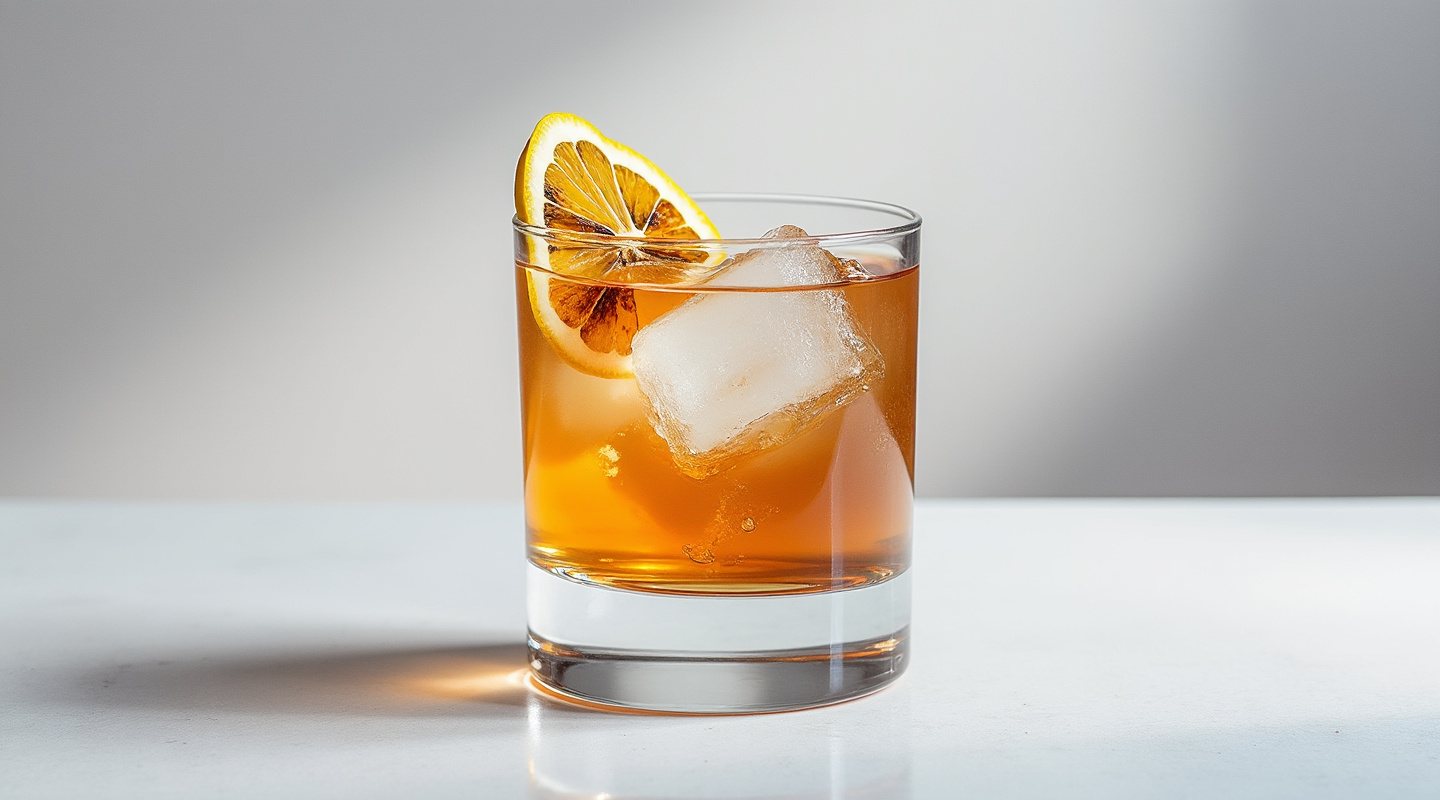 Reno Cocktail in a glass with a burnt lemon wedge