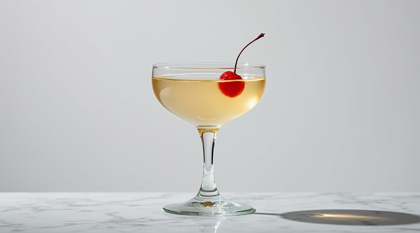 A chilled After Hours cocktail served in a Coupe glass with a maraschino cherry garnish.