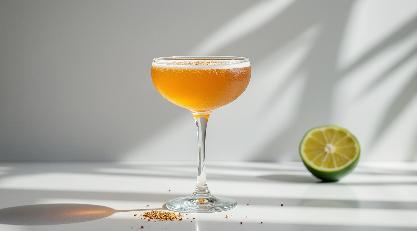 Like You cocktail in a flute glass garnished with bee pollen