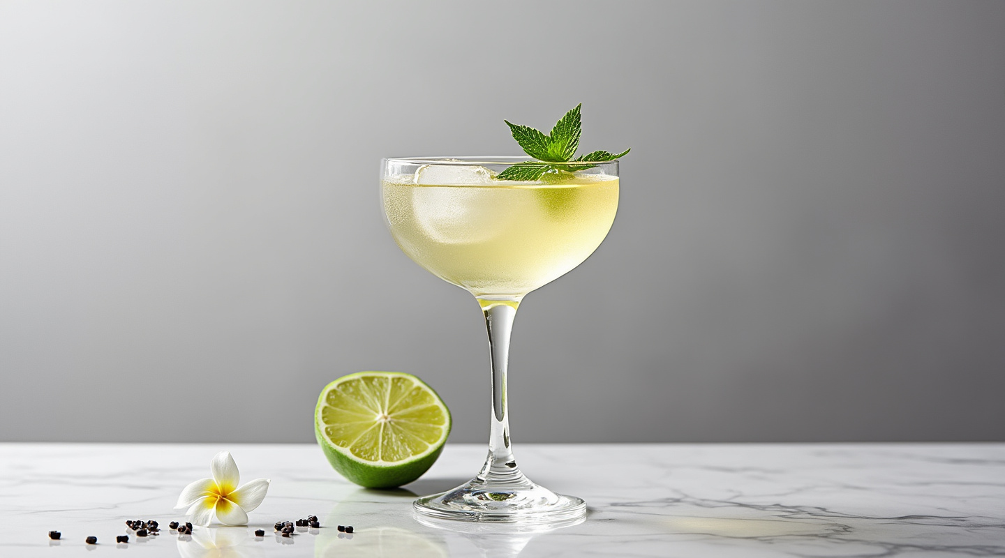 The Victoria cocktail served in an old-fashioned glass with black salt and flower garnish