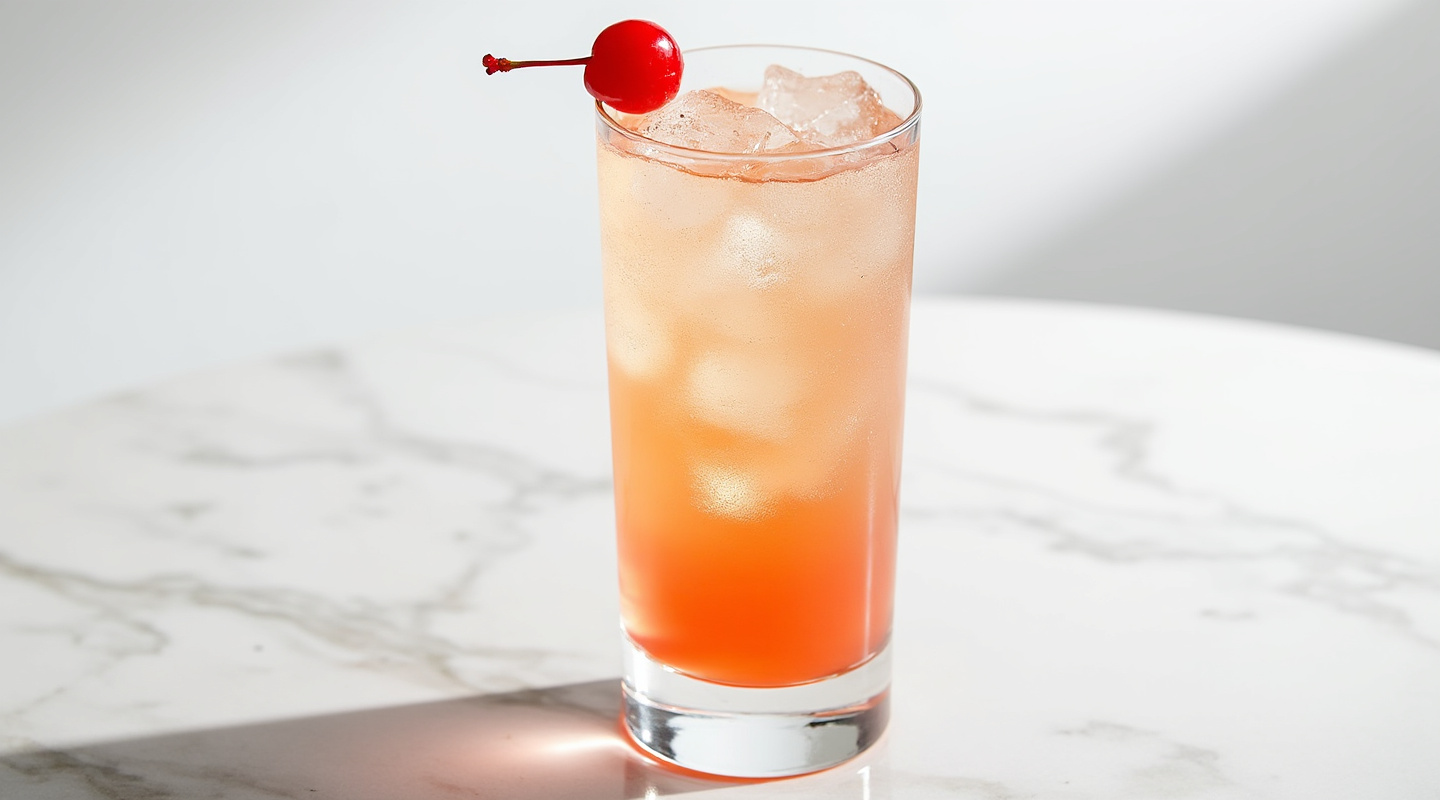 Beneventum Cocktail in a glass garnished with a Luxardo Maraschino Cherry