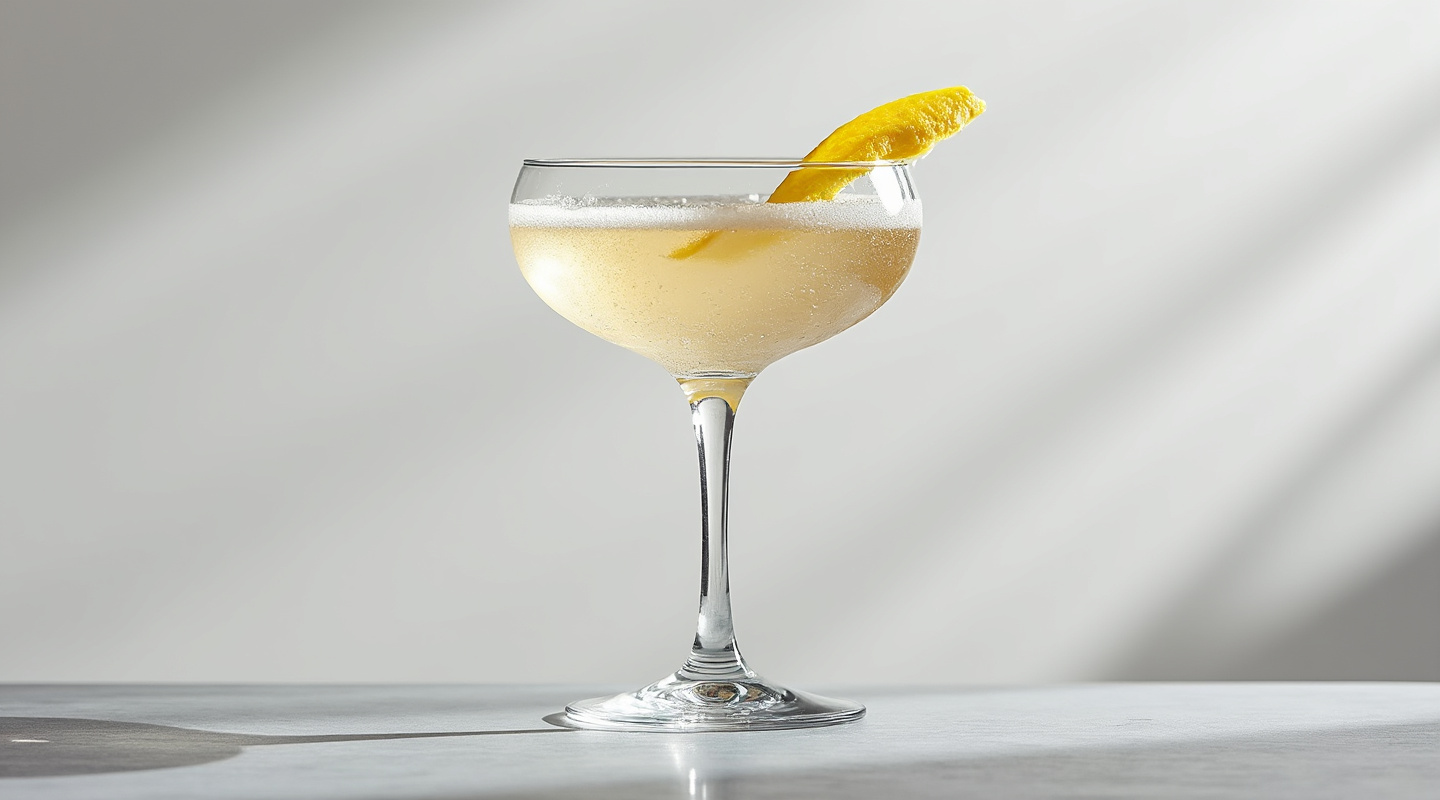 Clipper Cocktail in a coupe glass with a lemon zest twist