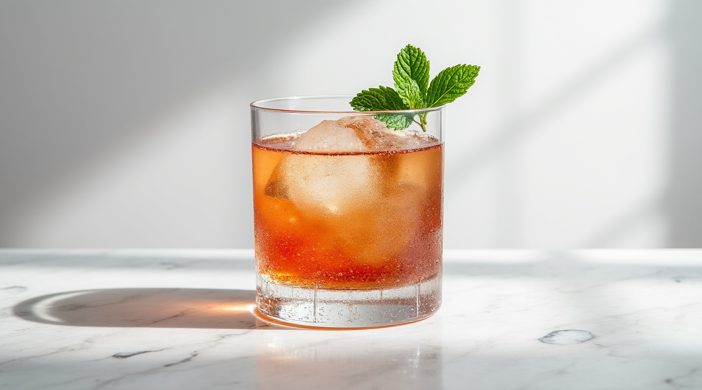 A sophisticated cocktail with herbal and cocoa notes, garnished with mint.