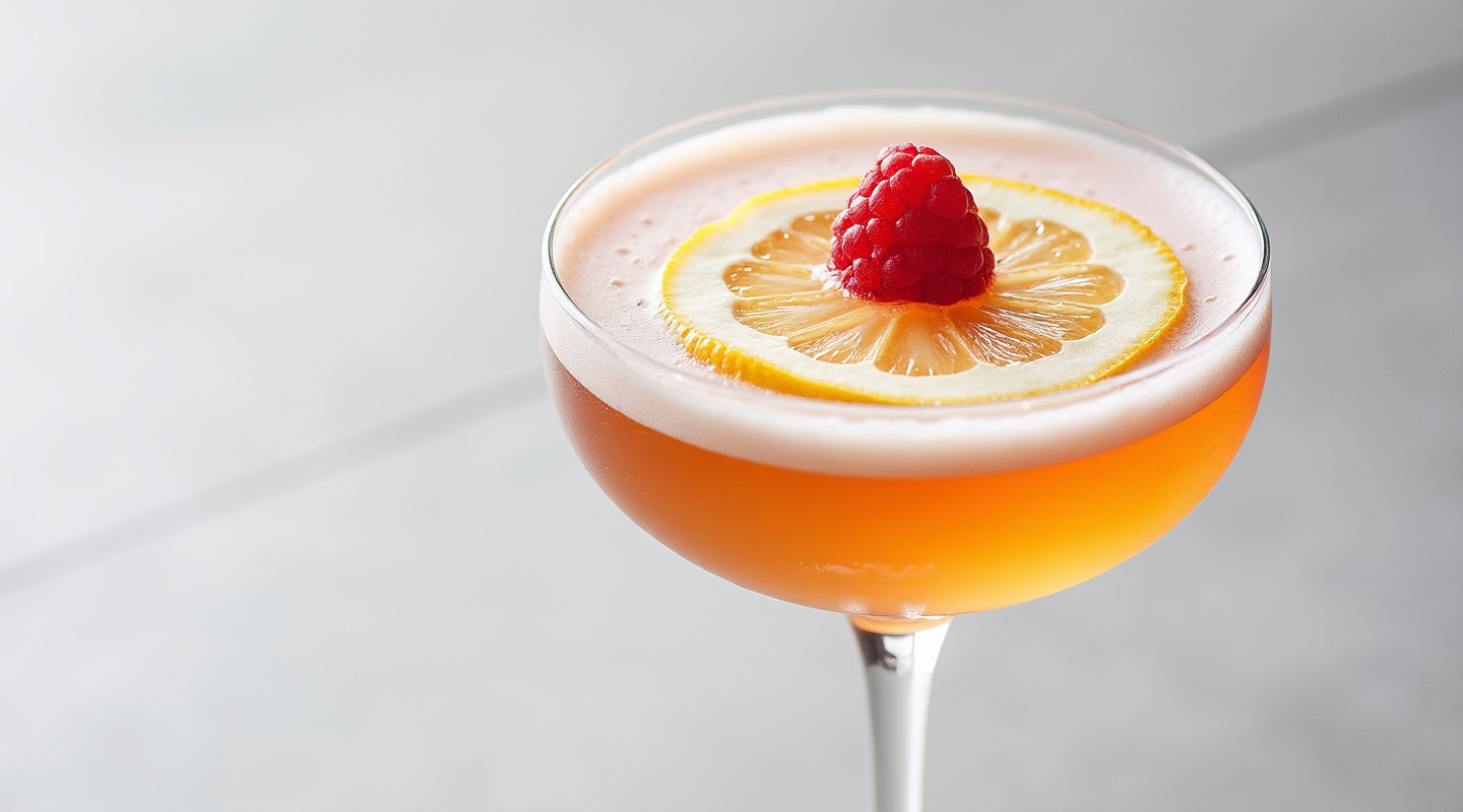 Cosmonaut cocktail served in a chilled glass with a fresh raspberry garnish.
