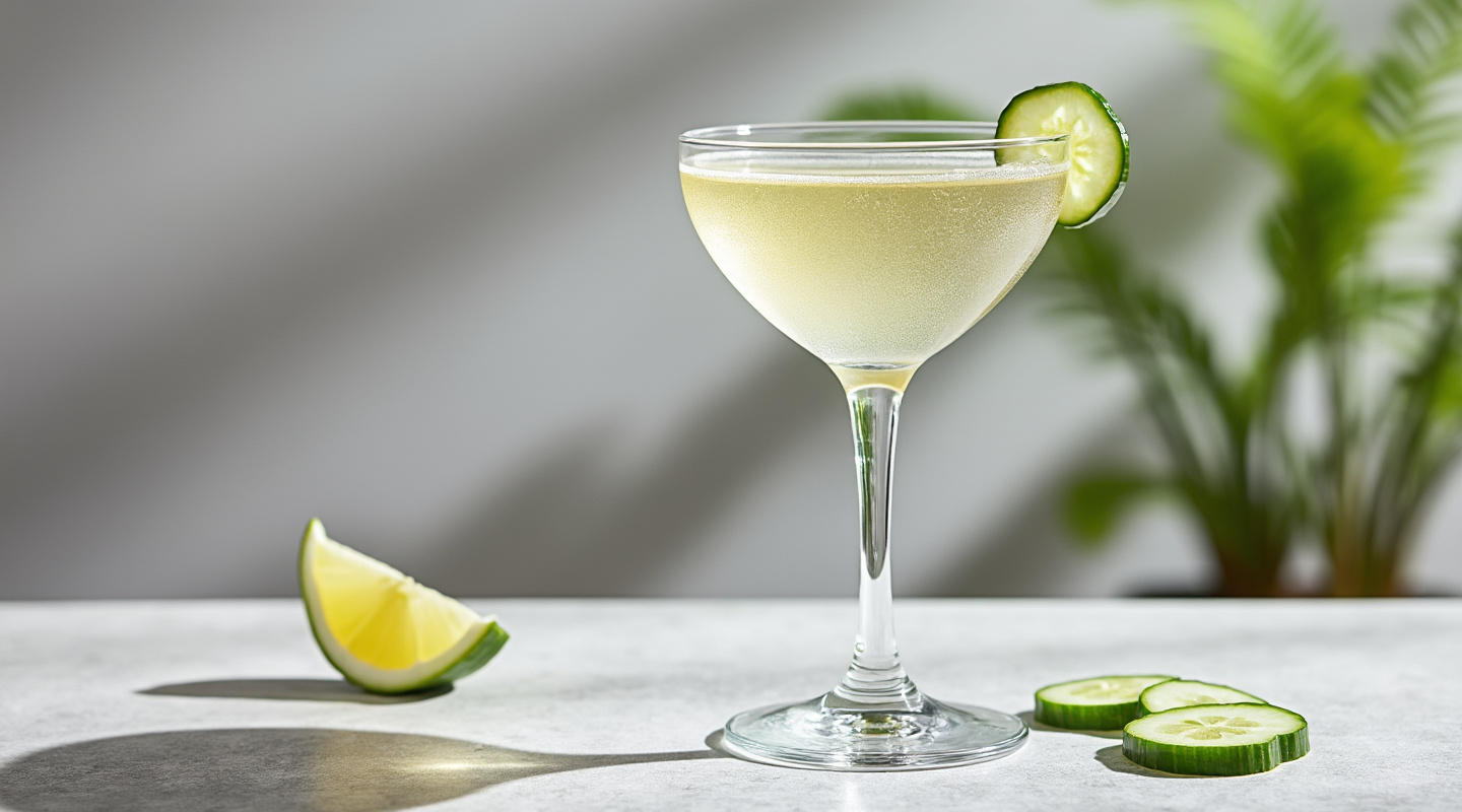 A Saketini cocktail served in a martini glass with a thin cucumber slice garnish.