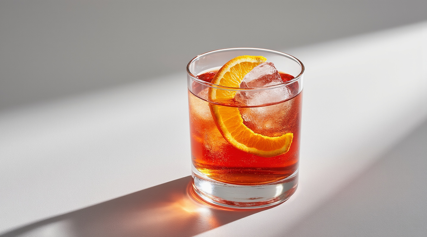 A delicious MonteNegroni cocktail served in an Old-fashioned glass, garnished with a twist of orange zest.