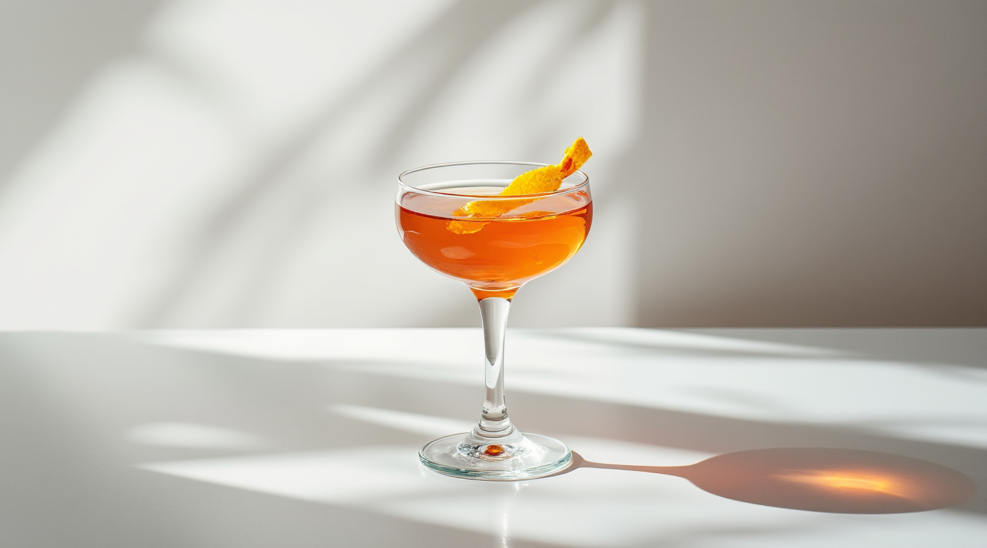 Caribbean Sazerac in a glass with an orange zest twist
