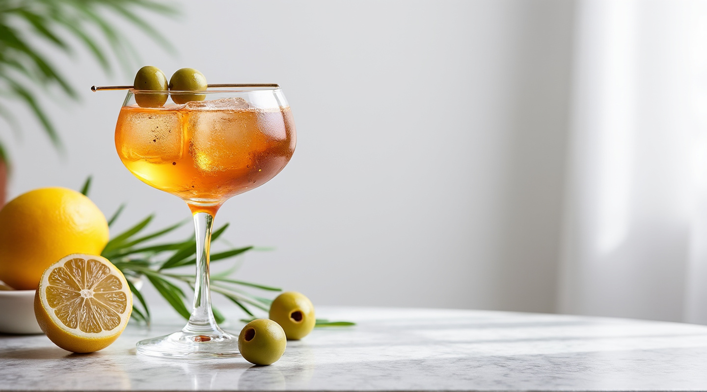 It & T cocktail garnished with olives