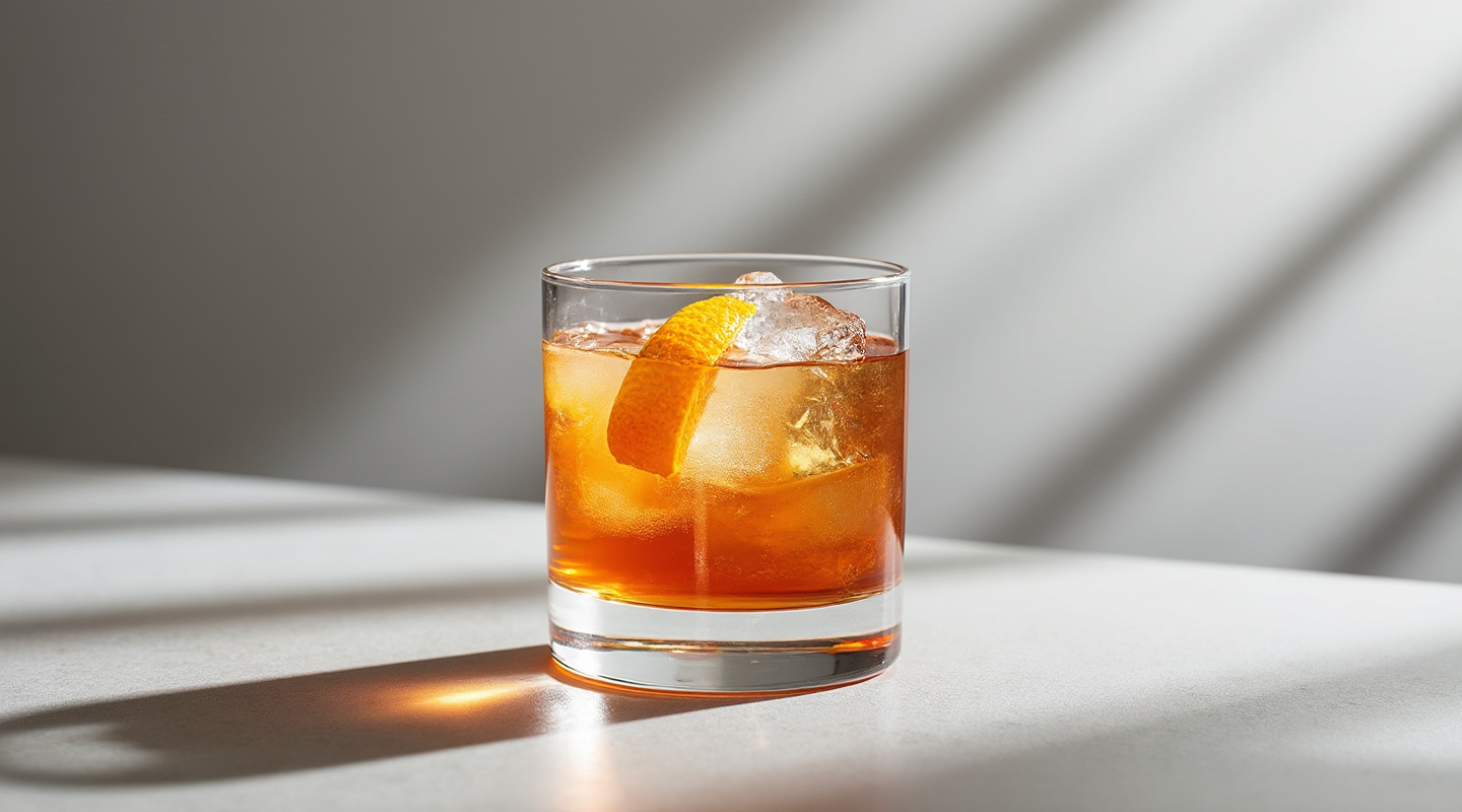 Amaroni cocktail in a glass with an orange twist garnish