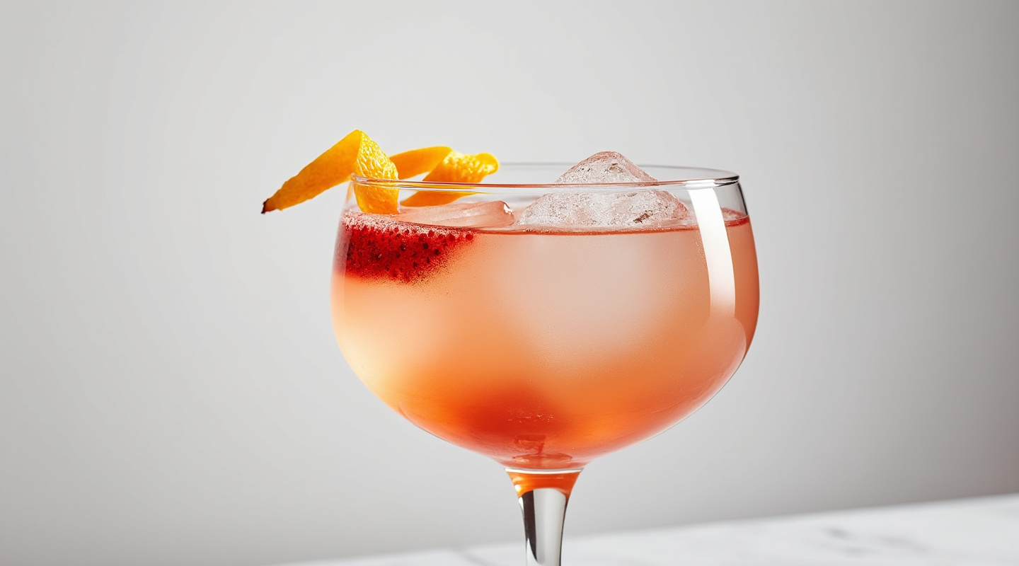 Frogroni cocktail with fresh strawberries and orange zest garnish served in a wine glass