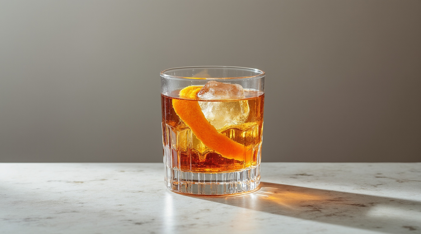 Iron Clad Old Fashioned cocktail in an Old Fashioned glass with an orange zest garnish