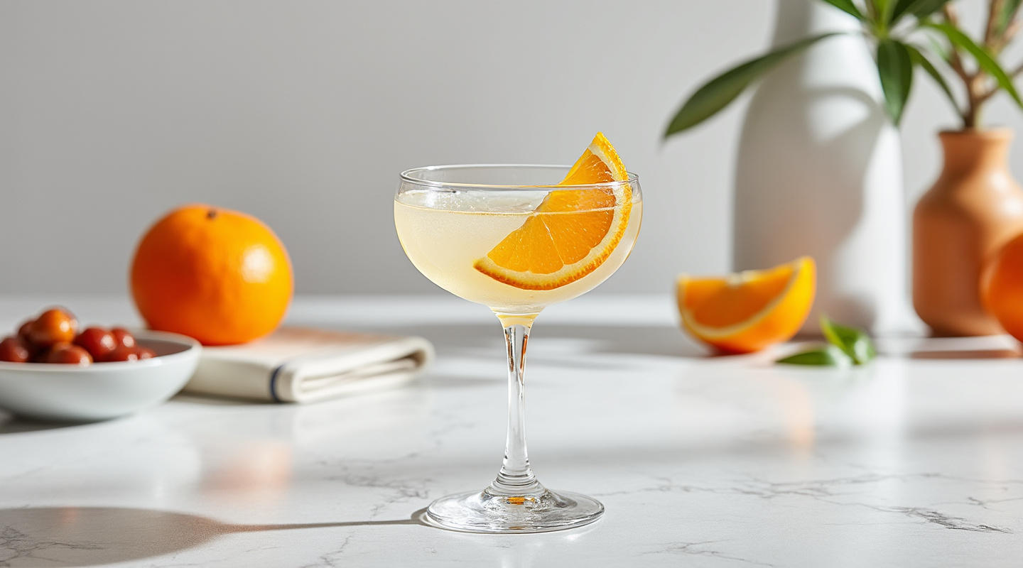 The Frank cocktail in a coupe glass garnished with orange slice