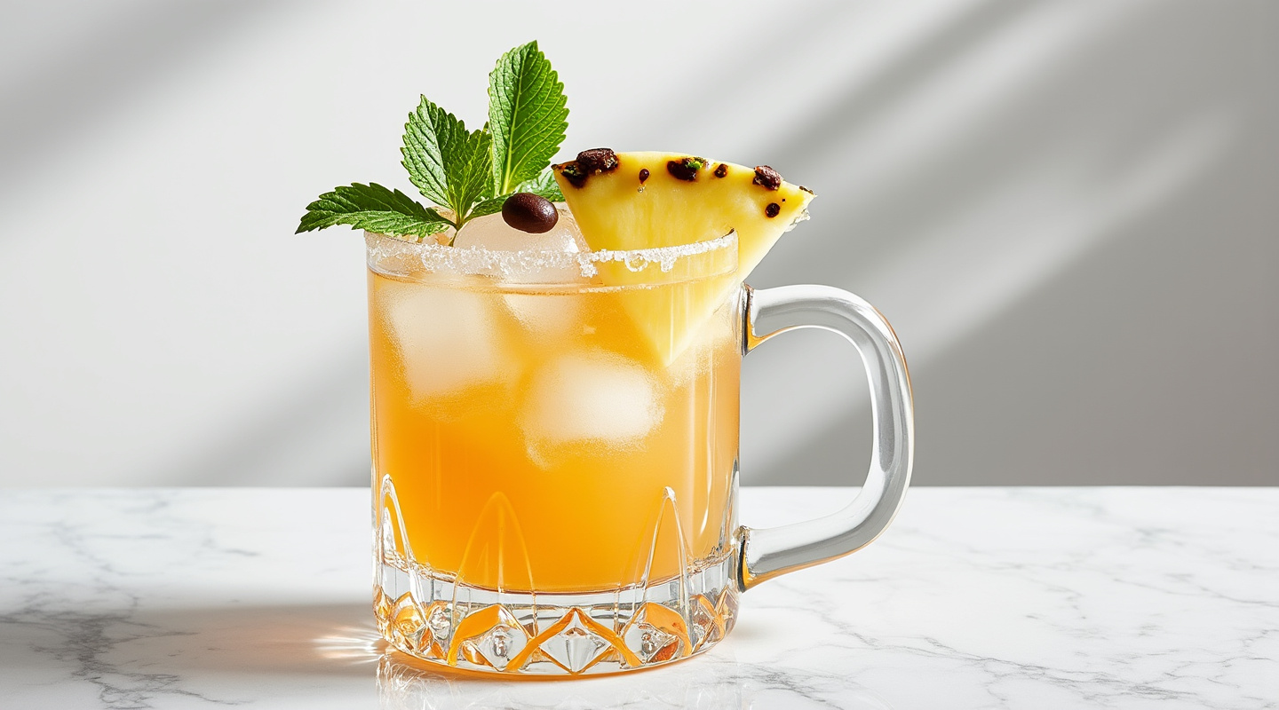 A glass filled with Mr. Bali Hai cocktail, garnished with a pineapple wedge, mint sprigs, and coffee beans.