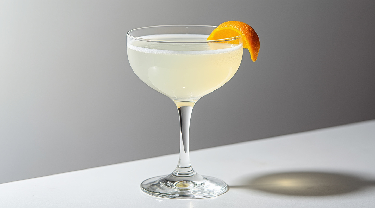 Grand White Lady served in a chilled Coupe glass with a citrus twist garnish