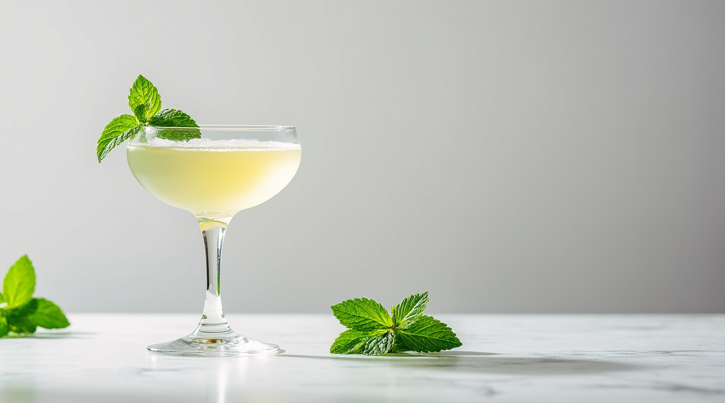 Gustings' Grasshopper in a coupe glass garnished with mint leaf